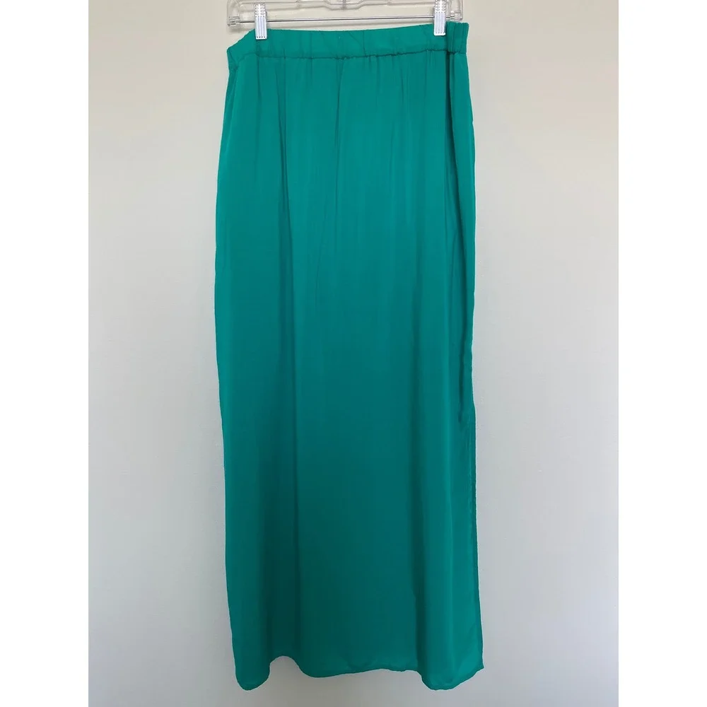 LOFT Maxi Skirt Womens Medium Green Pull On Side Slits Half Lined Resort Boho